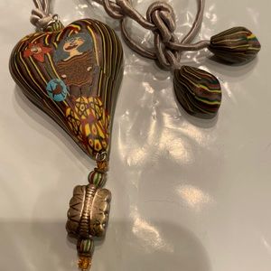 Thailand Hand painted Wood Heart Necklace 16”